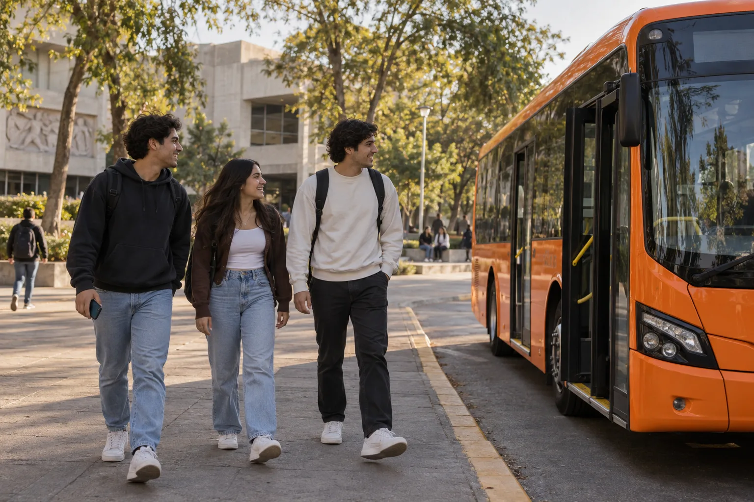 Escena conceptual de estudiantes caminando hacia un autobús universitario